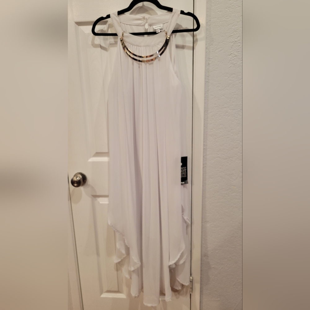 Avenue White High-Low Halter Dress with Metallic Neck Detail